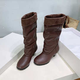 2025秋冬新款翻折短靴女时尚高跟粗跟堆堆靴圆头高筒长靴马丁靴