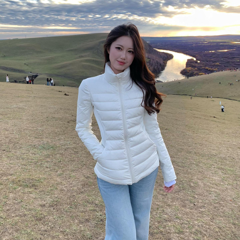 Korean Style Commuter Waterproof down Jacket for Women Winter New Stand Collar Ribbed Slim Coat Top Fashion Cotton Jacket