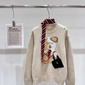 2025年春秋冬季新款圆领针织衫领带围脖公文包小熊套头宽松针织衫