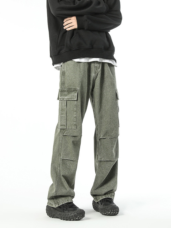 Ropa de hombre LKTM # Vaqueros japoneses sueltos de pierna ancha con múltiples bolsillos para hombre con mono plisado recto de marca de moda