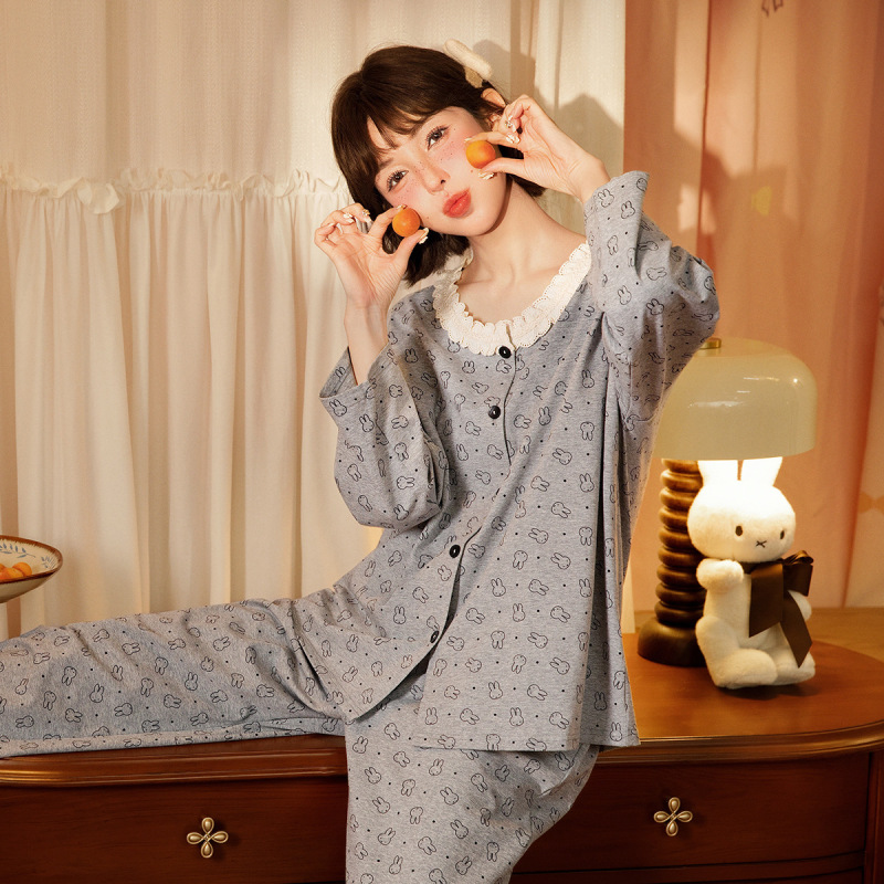 润妈【轻柔软】米菲睡衣女长袖纯棉家居服可爱满印花边开衫家居服|undefined