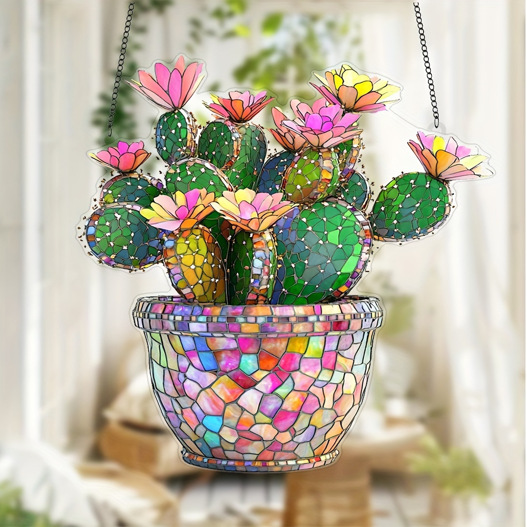 Colgar decoración de flores de cactus de Amazon acrílico colgar decoración de cadena de acrílico plano 2D colgar