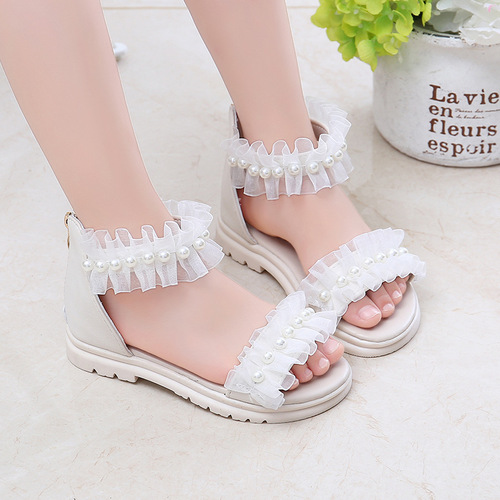 Children's Summer Lace Pearl Girl Sandals for Big Kids Korean Style Beach Sandals