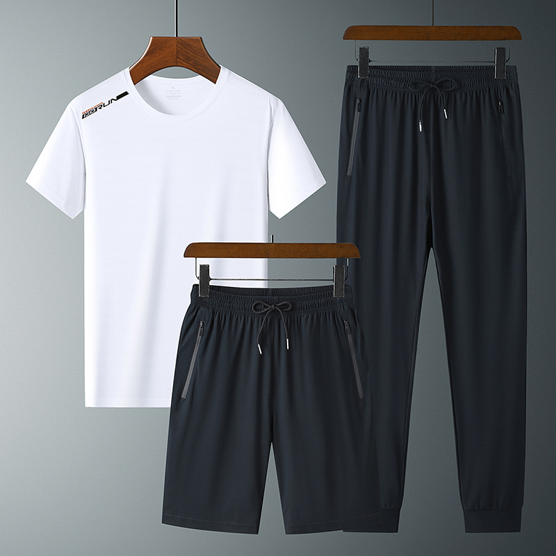 Ropa de verano de secado rápido traje de manga corta deportiva para hombres talla grande Camiseta de seda de hielo pantalones de estudiante traje de tres piezas