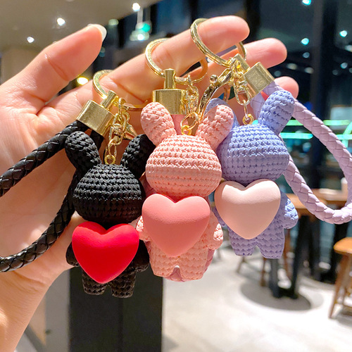 Cartoon hugging heart knitting wool rabbit and bear keychain cute couple pendant creative car key chain decoration wholesale