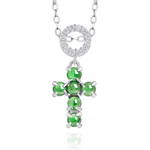 S925 Silver Inlaid Natural A-Grade Jadeite Green Cross Transparent Jade Pendant for Men and Women, Fashionable and Simple