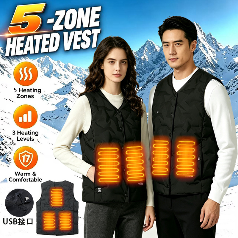 Cross-border autumn/winter new V-neck five-zone heating vest, unisex USB electric heating vest, lightweight ribbed cotton vest