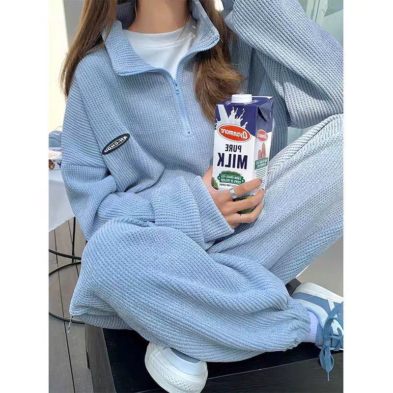 Spring leisure sports suit set, top and trousers, women's, White/Blue/Apricot, S–XL