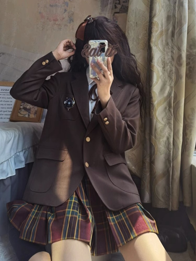 韓国版のスーツの上着の学生の学院の風jkの制服のスーツの小さい背のスーツのフルセットの秋冬の百のスカート