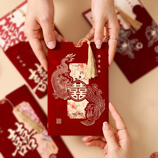 批发酒红植绒烫金流苏喜字请帖中式龙凤牡丹婚礼请柬婚庆工厂直销