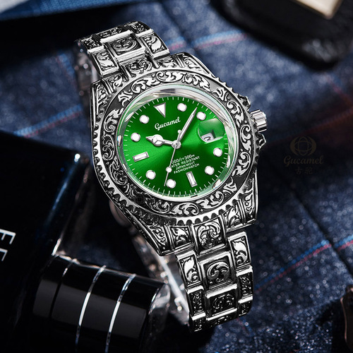 Ancient camel non-mechanical men's watch, vintage carved quartz watch, calendar watch, cross-border best-selling water ghost watch