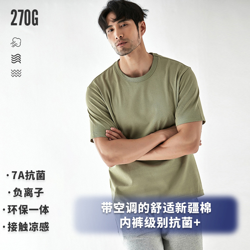 270g Heavy-Weight Combed Cotton Olive Green Crew Neck Simple Short-Sleeve T-Shirt Double-Needle American Casual Base Shirt