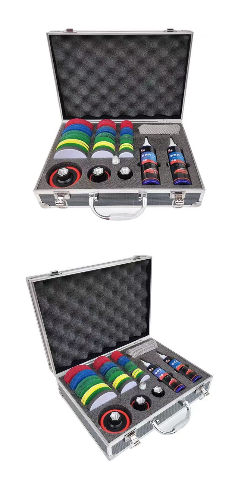 Car windshield repair tool kit, including transparent repair liquid, resin adhesive, and scratch repair solution