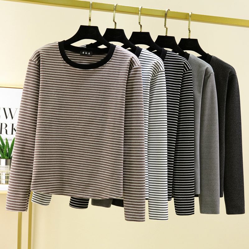 Derong Black and White Striped T-Shirt for Women, Spring and Autumn Long-Sleeve Base Shirt, Versatile Inner Wear, Loose Fit, Slimming, Thermal Top