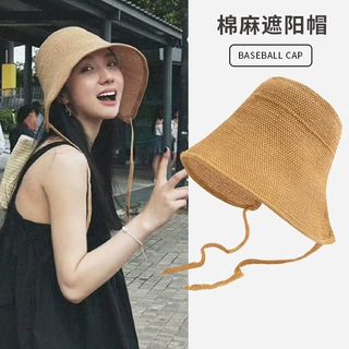 夏季海边系带草帽子遮阳帽女防晒防紫外线沙滩帽大帽檐凉帽渔夫帽