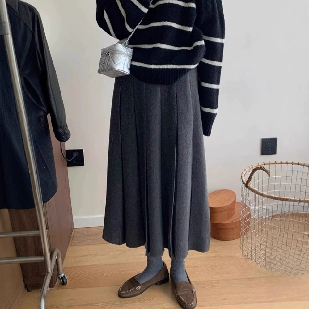 Осенняя и зимняя передняя шерстяная вязаная юбка из плиссированной ткани
