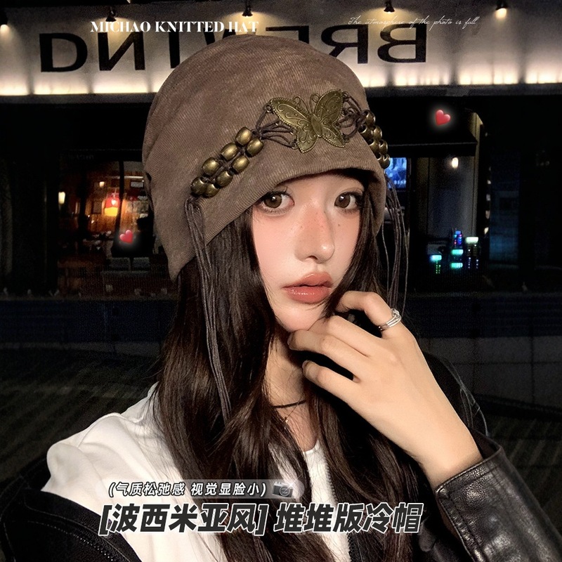 扎染流苏串珠冷帽女春秋季复古小众百搭包头帽大头围显脸小帽子潮|undefined