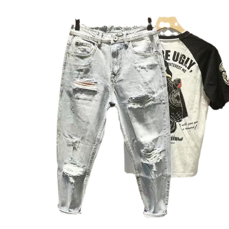 Styl spranych, vintage'owych, podartych jeansów męskich na wiosnę i jesień, prosty, luźny krój, europejski i amerykański styl uliczny, długie_voghion.com