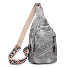 Cross-border double-zipper crossbody bag, large-capacity PU backpack, chest pack for outdoor sports—unisex design, vintage-style chest bag for women