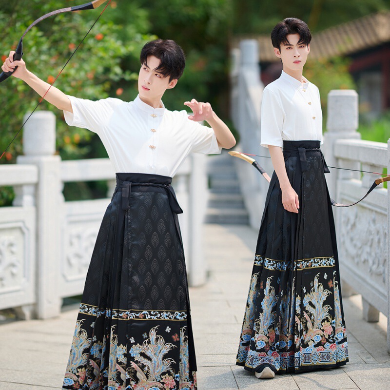 Chinese Style Summer Men's Antique Style Gold Style Makeup Flower Horse-faced Skirt New Chinese Style Short-sleeved suit Men's Chinese Style Hanfu