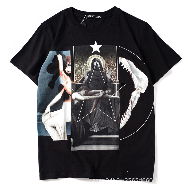 New fashion trendy couple's outfit, ins-style personalized versatile three-tone shark men's and women's T-shirt New fashion trendy couple's outfit, ins-style personalized versatile three-tone shark men's and women's T-shirt