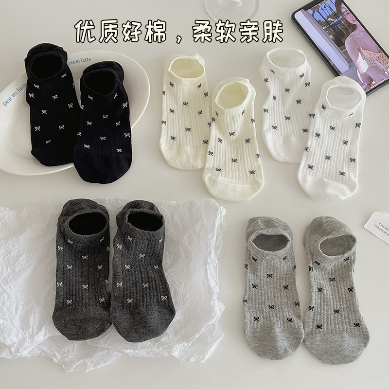 Bowknot Boat Socks for Women, Non-Slip, No-Show Socks, Summer Thin Cotton Socks, Low-Cut Short Socks, Breathable Invisible Socks for Flats
