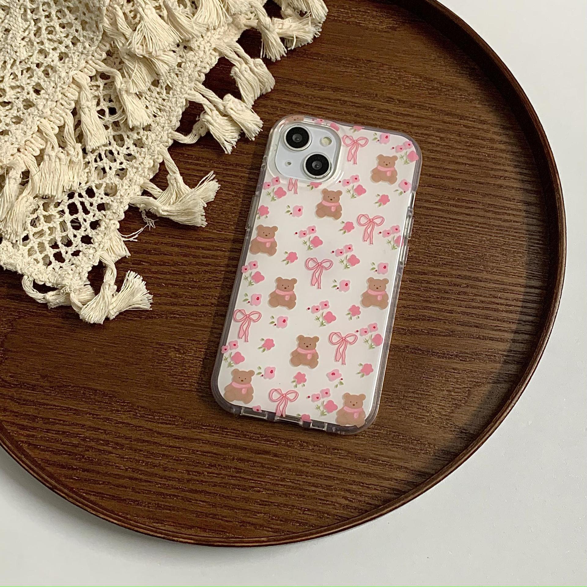 Divertido oso de dibujos animados floral para iPhone16 funda para teléfono móvil 15ProMax pareja 14/13 nicho 16PM