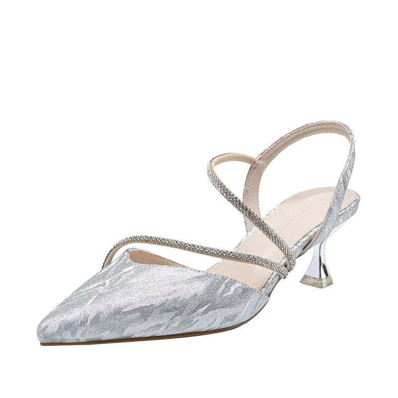 Sandal cao gót nữ mũi nhọn bít mũi đính đá phong cách Pháp — Y781 màu bạc