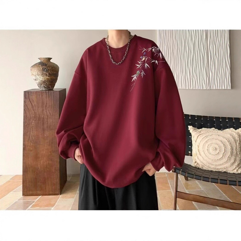 Chinese Style Bamboo Print Sweatshirt Men's Round Neck Spring and Autumn Trendy Brand Men's Tops Trendy Loose New Heavy Jacket Chinese Style Bamboo Print Sweatshirt Men's Round Neck Spring and Autumn Trendy Brand Men's Tops Trendy Loose New Heavy Jacket