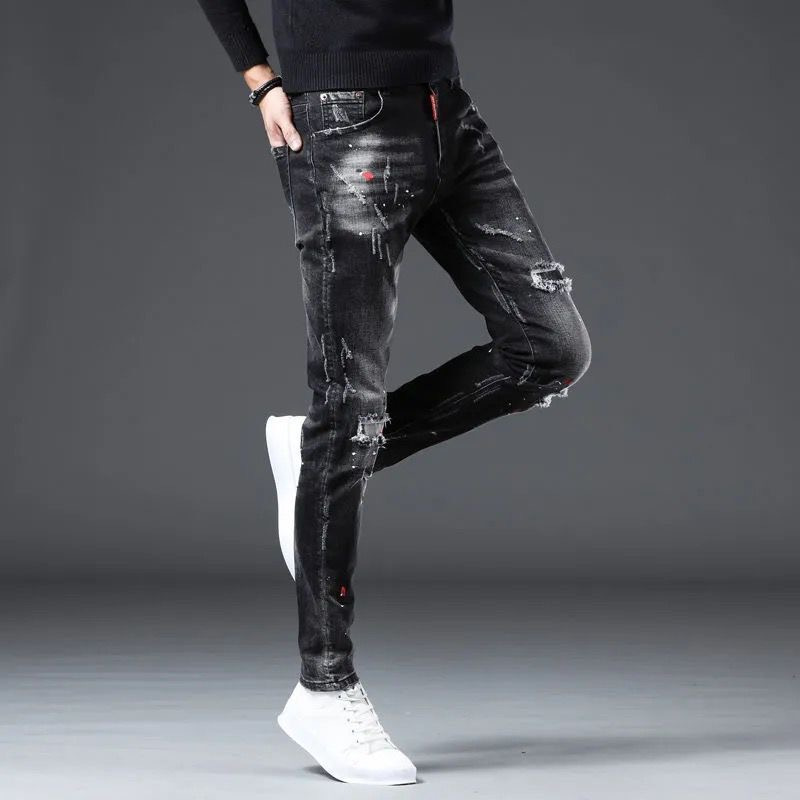 thumbnail for Jeans Men&#039;s Korean-style Trendy Slim-fit Skinny Pants Trendy Brand Vintage Patch Men&#039;s Pants