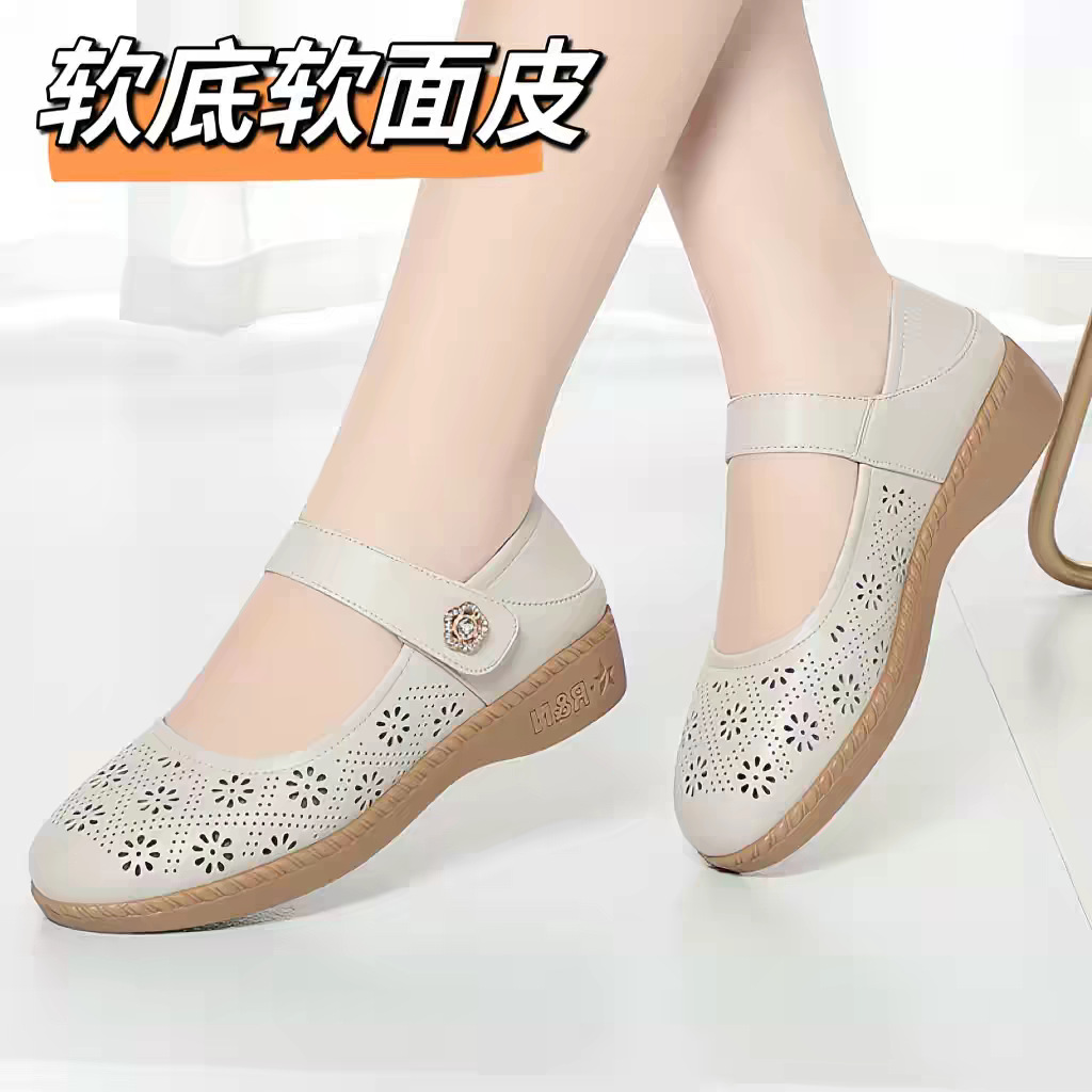 Giày sandal nữ da thật lỗ thoáng khí mũi nhẹ đế bệt phong cách mẹ bỉm — màu be