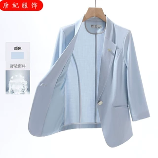 蓝色七分袖小西装领外套女职业休闲时尚跨境外贸批发春夏秋季上衣