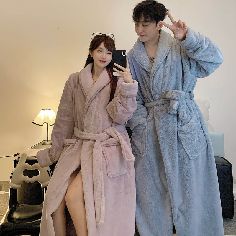 Hotel Hot Spring Bathrobe Warm Velvet Long Style with Button Belt Large Size Couple Men's Flannel Winter Home Robe