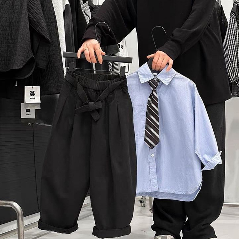 男童帅气学院风长袖衬衫套装2025春秋中大童针织开衫黑色休闲裤子|undefined