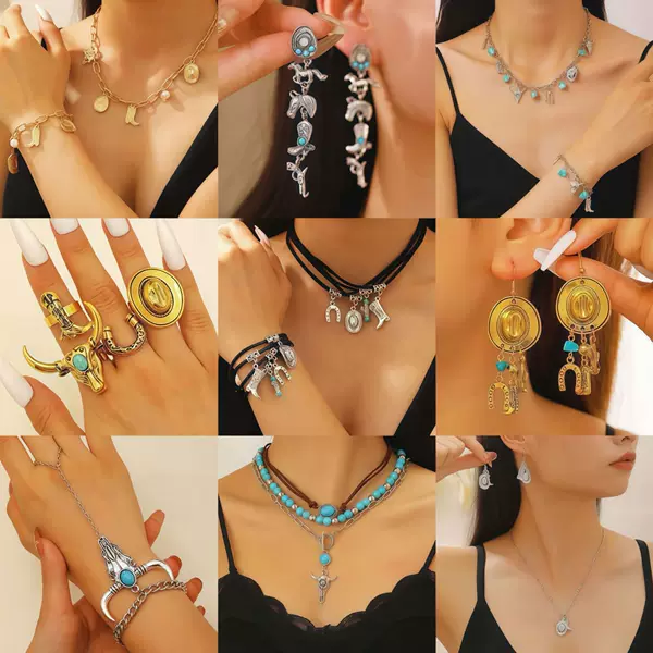Cross-border Retro Retro Western Denim Style Necklace Bohemian Ethnic Style Alloy Shoes Hat Jewelry