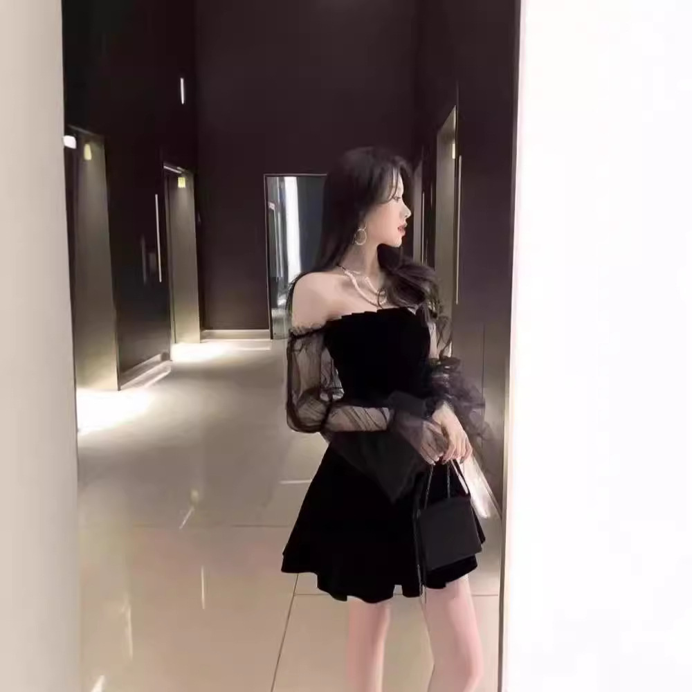Cross-border wholesale summer new temperament mesh bubble sleeve black skirt off-shoulder blended waist puffy dress women