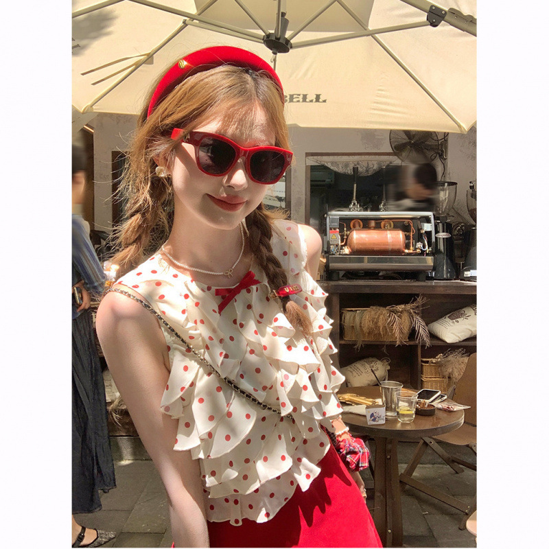 ラウンドネックリボンフリル水玉ベストトップ女性の夏の新しいハイウエストスリムスカートファッションスーツ|undefined