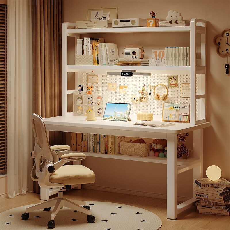 Premium Desk with Integrated Bookshelf, Student Writing Desk with Eye Protection Lamp, Study Desk with Pegboard for Bedroom, Computer Desk Premium Desk with Integrated Bookshelf, Student Writing Desk with Eye Protection Lamp, Study Desk with Pegboard for Bedroom, Computer Desk