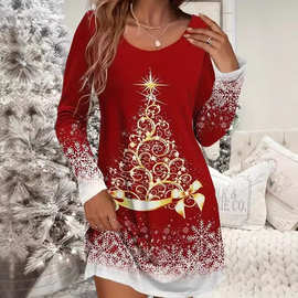 跨境女装圣诞休闲连衣裙雪花和圣诞树印花长袖圆领微弹连衣裙
