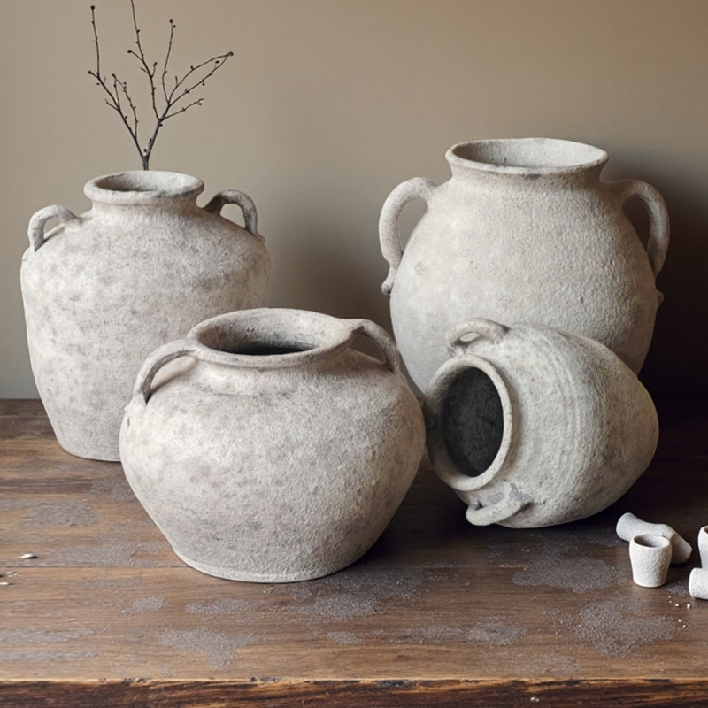 中国式のレトロな手作りの粗い陶器の花瓶の陶磁器の大きい腹の花器の大きいサイズの客間の玄関の装飾品の置物の卸売り|undefined