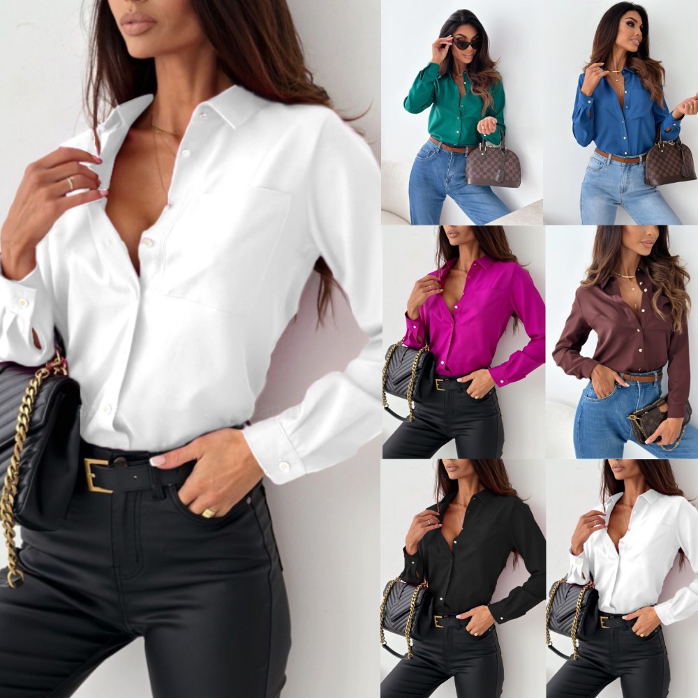 Camisa mujer color sólido cuello V simple estación independiente​