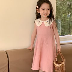 Korean Girls' Embroidered Dress with Collar 2024 Summer New Sweet Princess Dress for Little Girls Sleeveless Dress