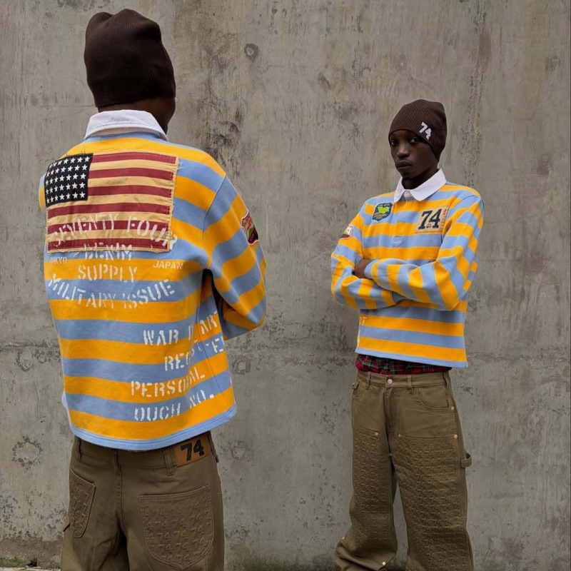 2026 Fashion New High Street Harajuku Ins Style Striped Turn-Down Collar Button American Retro T-Shirt Cross-Border Clothing for Men and Women
