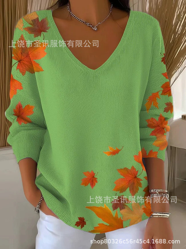 欧美跨境独立站新款3D印花女士时尚渐变色V领长袖T恤上衣|undefined
