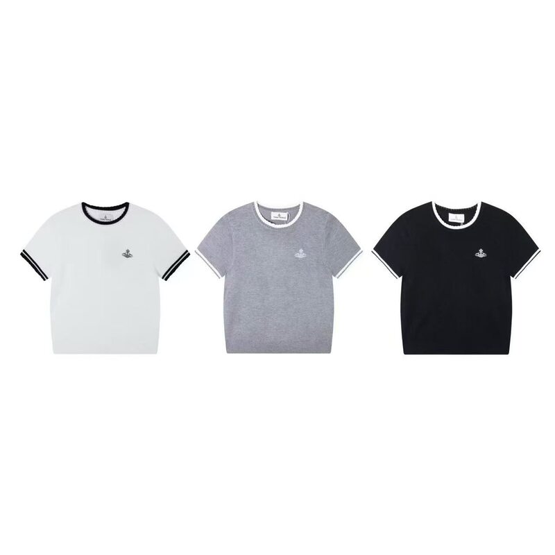 26-Year-Old New Style Vivi Vivienne Westwood Color-Blocking Casual Style Regular Shoulder Short-Sleeve Top for Women, Summer Slim-Fit Knitwear
