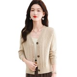 V领针织开衫外套女春秋2024新款小个子高腰配裙子外搭麻花毛衣薄，女装针织衫/毛衣，妃慕昵服饰