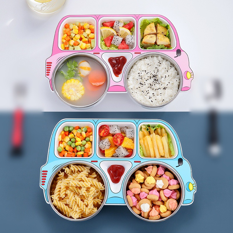 304 Stainless Steel Kidsren's Car Dinner Plate Spoon and Fork Baby Compartmented Food Supplement Removable and Washable Tableware Set for Feeding