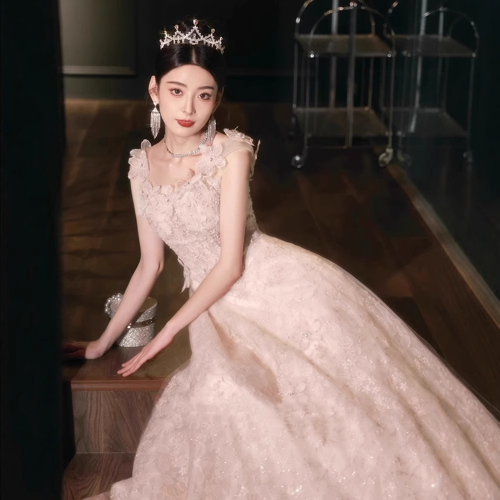 French Style Flower Off-shoulder Pale Pink Slip Dress Evening Dress High-end Light Luxury Niche Birthday Party Dress