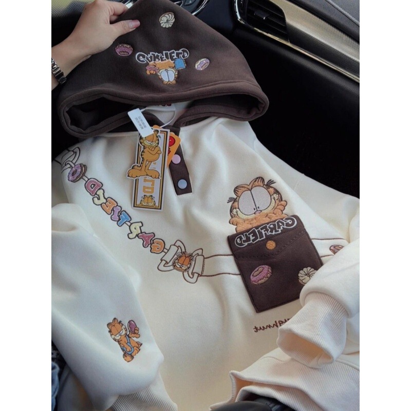 Age-Reducing Sweet Style Garfield Embroidered Velvet Hooded Sweatshirt for Men and Women in Autumn and Winter Thickeneded Loose Preppy Style Tops