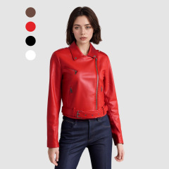 2025 新ヨーロッパとアメリカのクロスボーダーカスタマイズされたラペルショートベルト女性の PU レザージャケットシンプルなレザージャケットオートバイジャケット